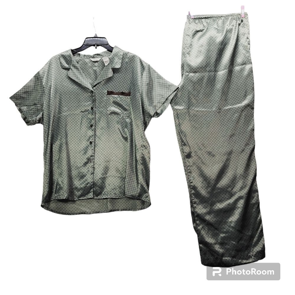 * Adonna XL pajama pant set brown blue diomond pattern Button top elastic waist